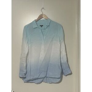 Talbots Ombre Dip Dye Blue 100% Linen Tunic Side Buttons Roll Tab Sleeve Med